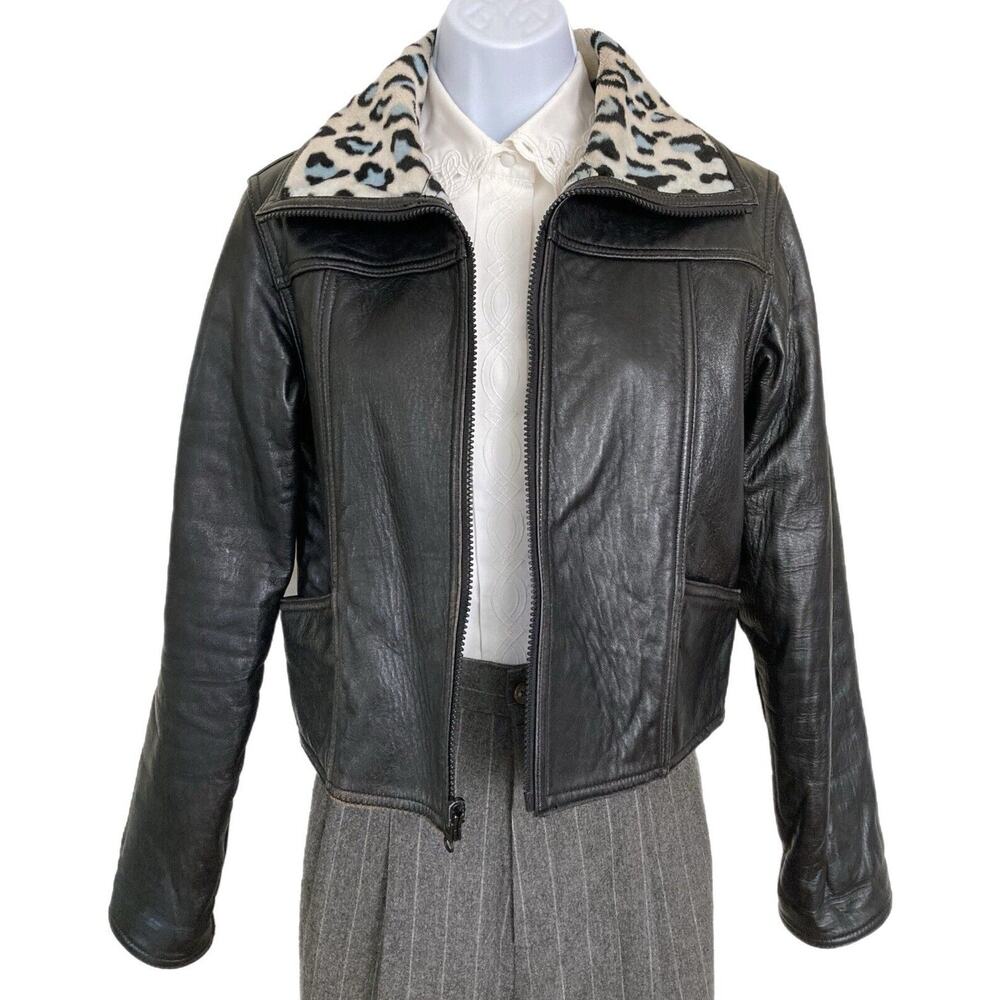 Vintage 90s Y2k Wilson’s Black Leather Leopard Reversible Cropped Rare Size S